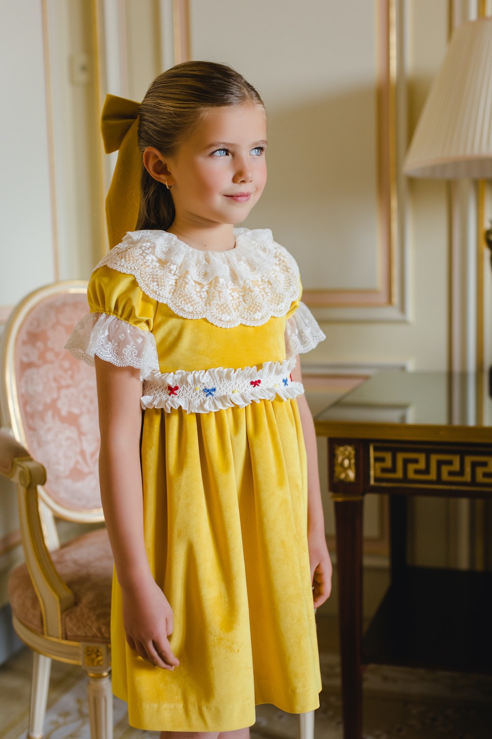 Sal & Pimenta Girls Velvet Holiday Dress - Golden Velvet with Smocked Bows 10T Sal & Pimenta Girls Velvet Holiday Dress - Golden Velvet with Smocked Bows 10T