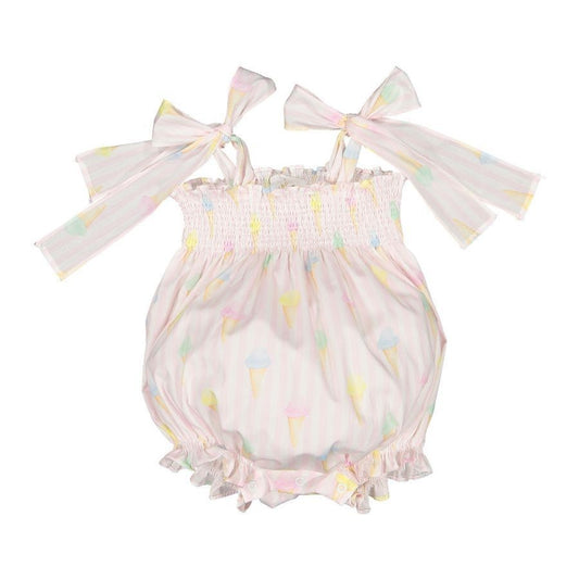Sal & Pimenta Girls Pink Ice Creams Smocked Bubble - Ties at Shoulders