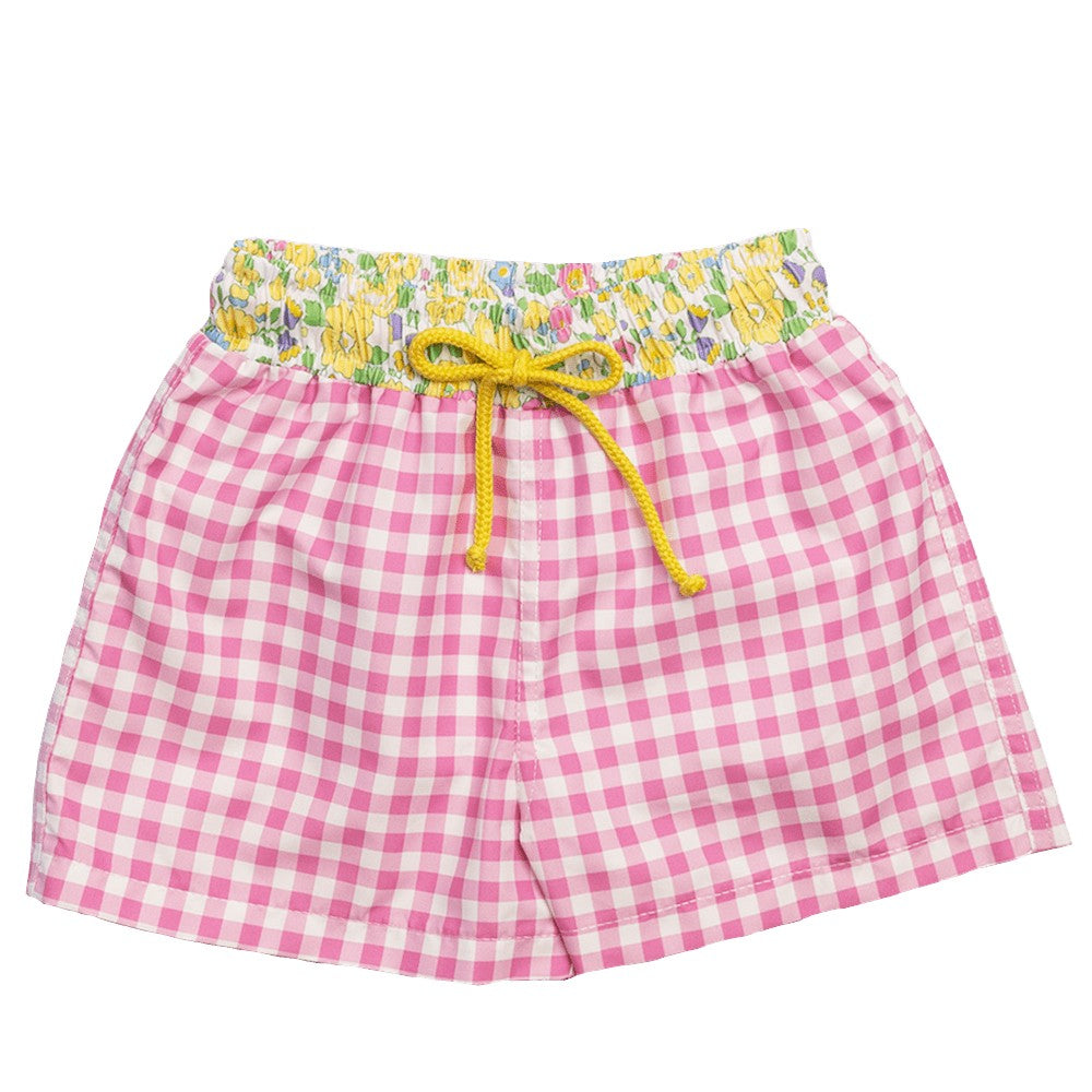 Sal & Pimenta Boys Swim Trunks - Pink Checks - Yellow Betsy Liberty Floral Waist