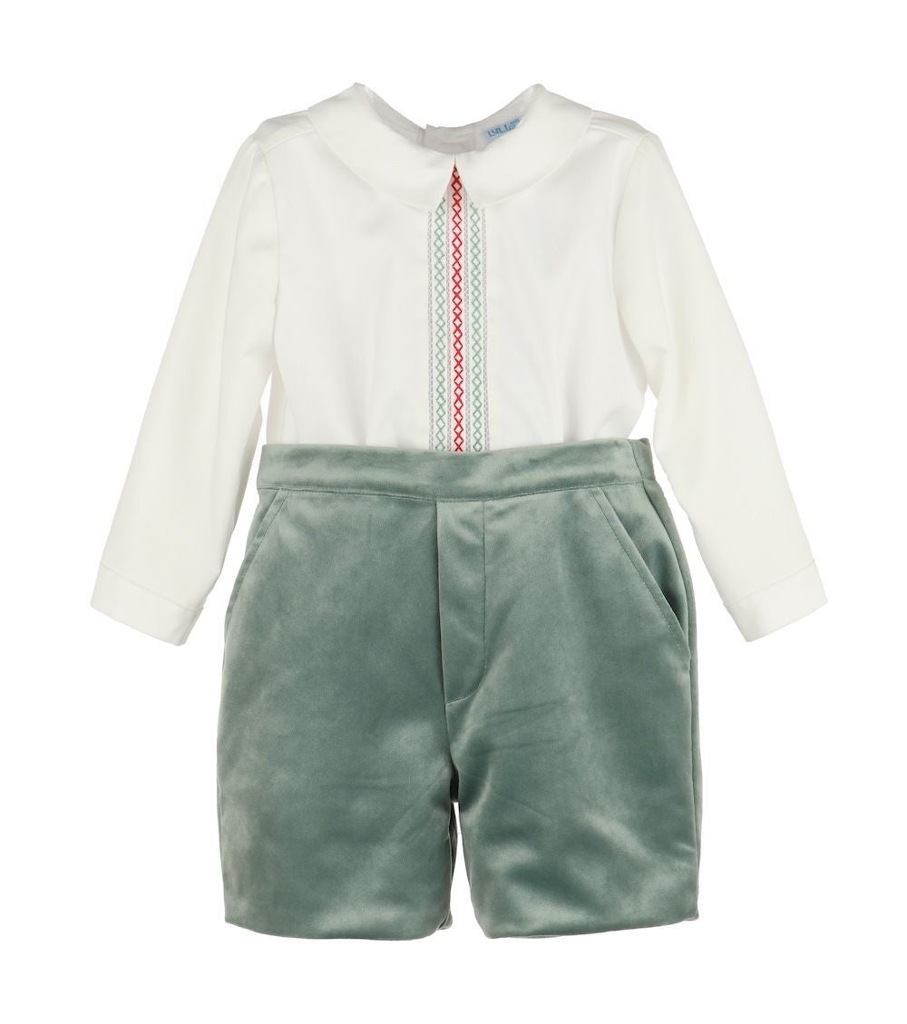 Luli & Me Boys Deluxe Velvet Shorts Set - Embroidery Shirt - Aqua Sage Green