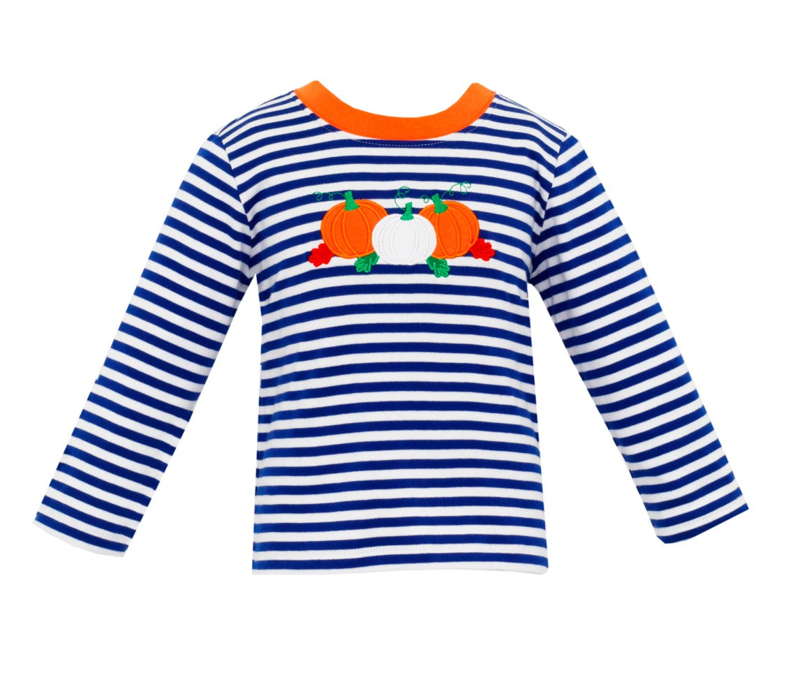 Claire & Charlie Boys Knit Shirt - Royal Blue Stripes - Applique Pumpkins