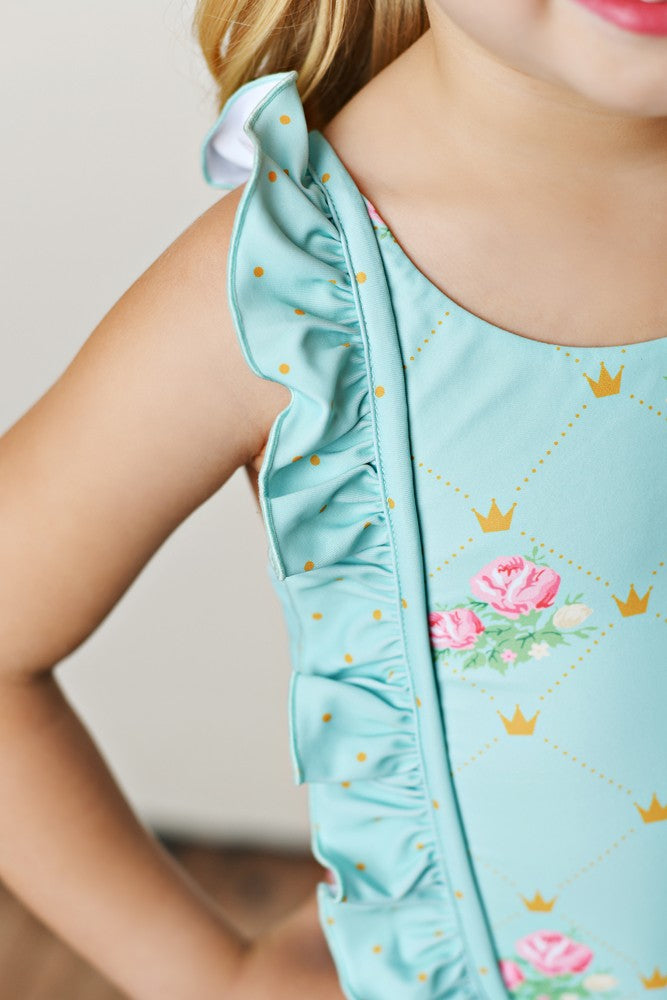 Swoon Baby Girls UPF 50 Ruffle Swimsuit - Aqua with Pink Flowers - Bow on Back