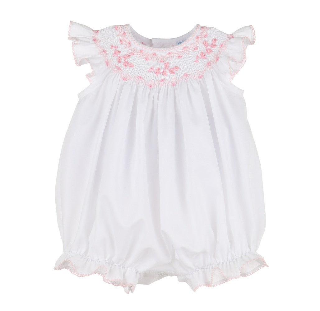 Luli & Me Baby Girls White Scallop Bubble - Smocked in Pink