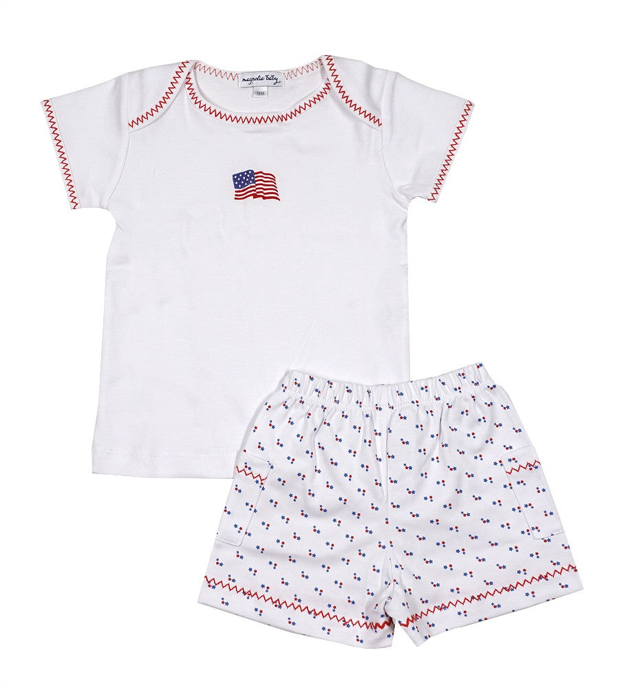 Magnolia Baby Boys Vintage Red, White and Blue Embroidered Flag Short Set