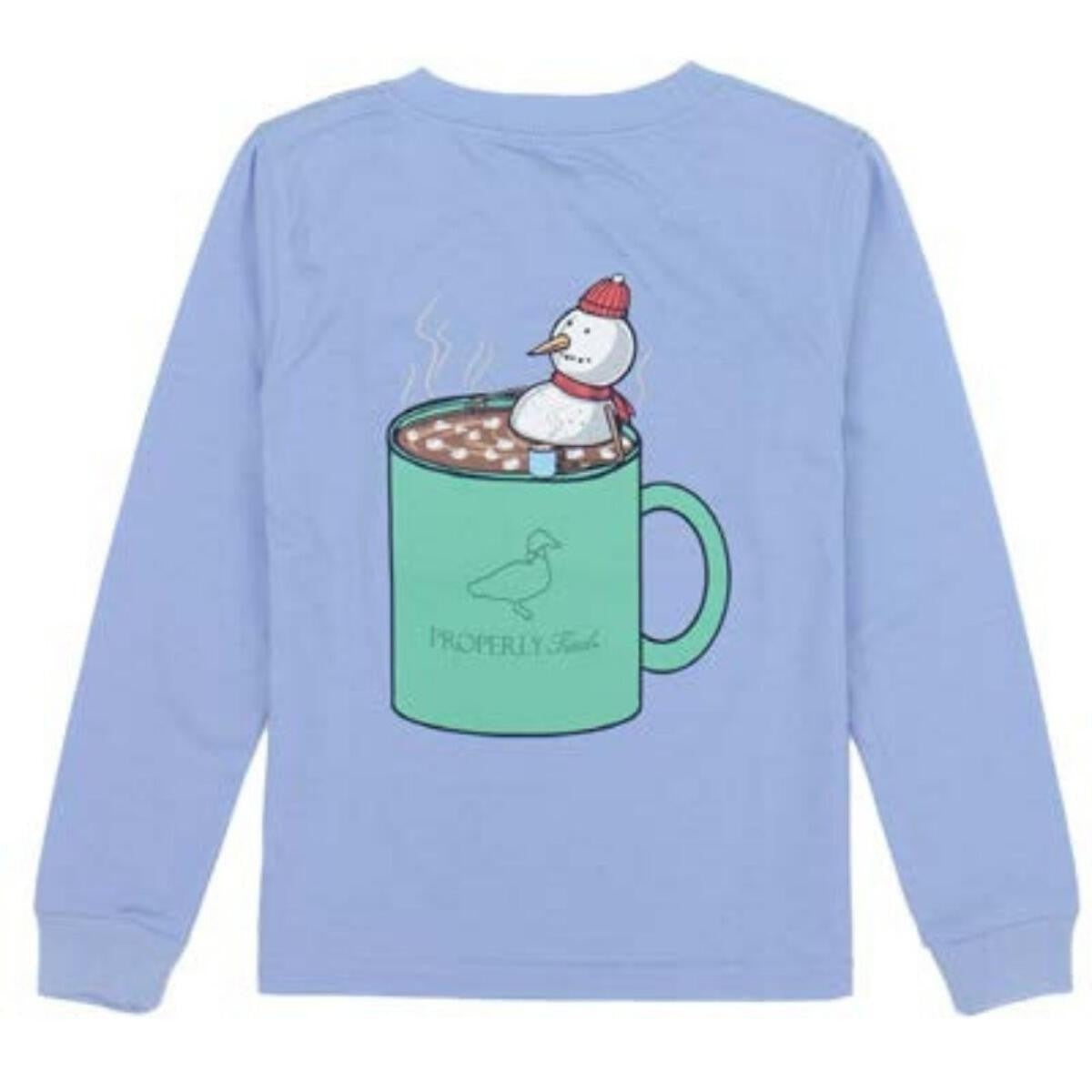 Properly Tied Tee Shirt - Logo Pocket - Long Sleeves - Back Graphic - Snowman Cocoa on Light Blue