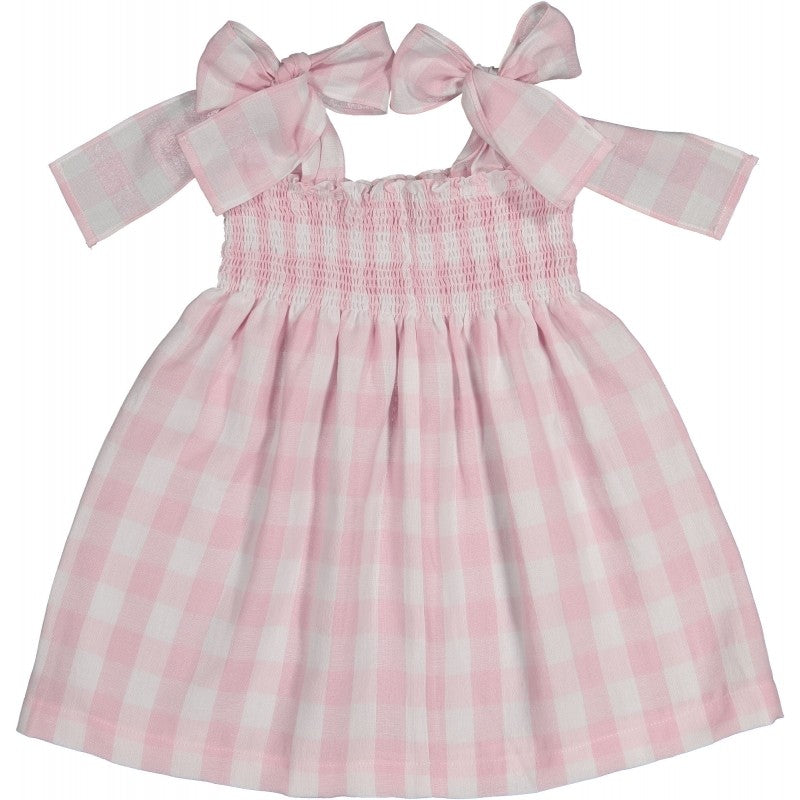 Sal & Pimenta Girls Smocked Dress with Ties - Buffalo Check - Pink