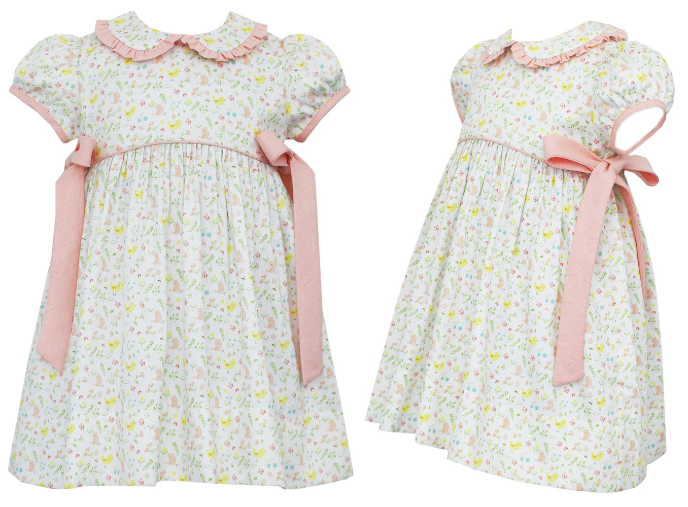 Petit Bebe Baby / Toddler Girls Easter Chick Print Dress - Pink Bows at Sides