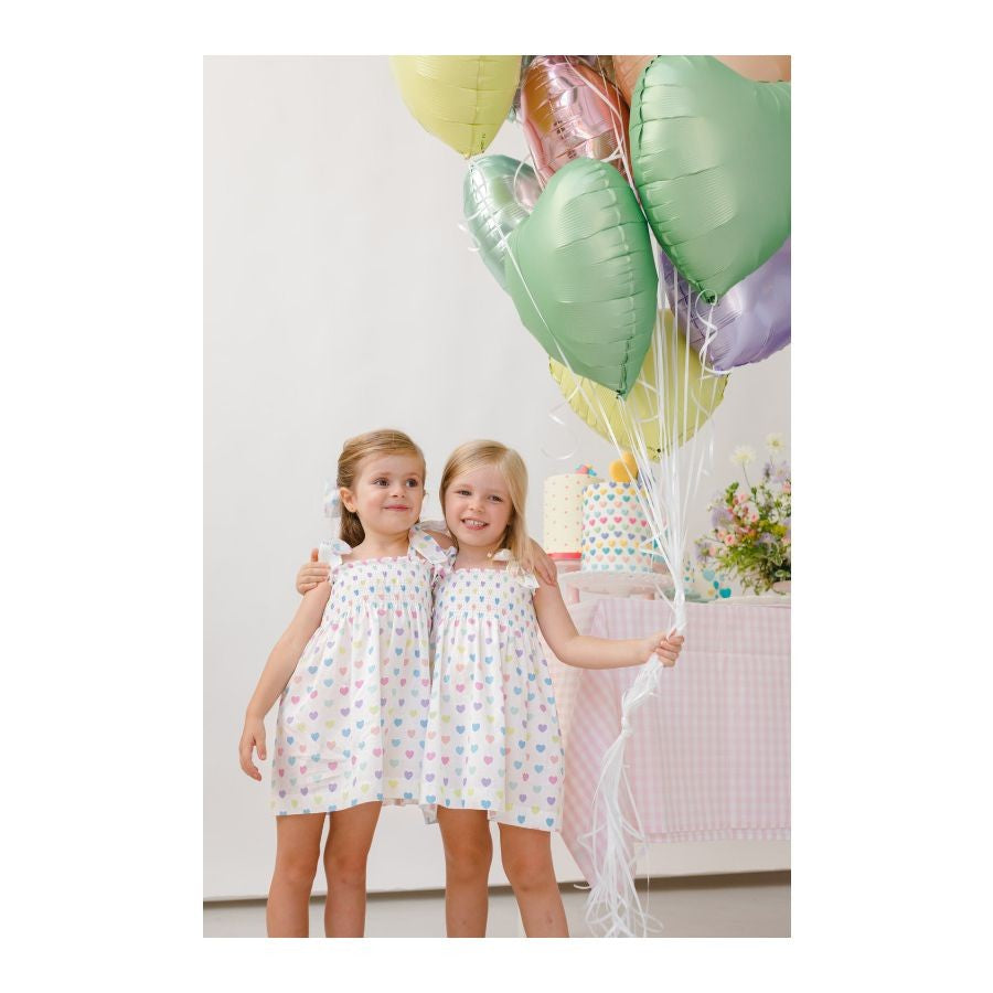Sal & Pimenta Girls Dress - Pastel Funny Hearts - Smocked with Ties