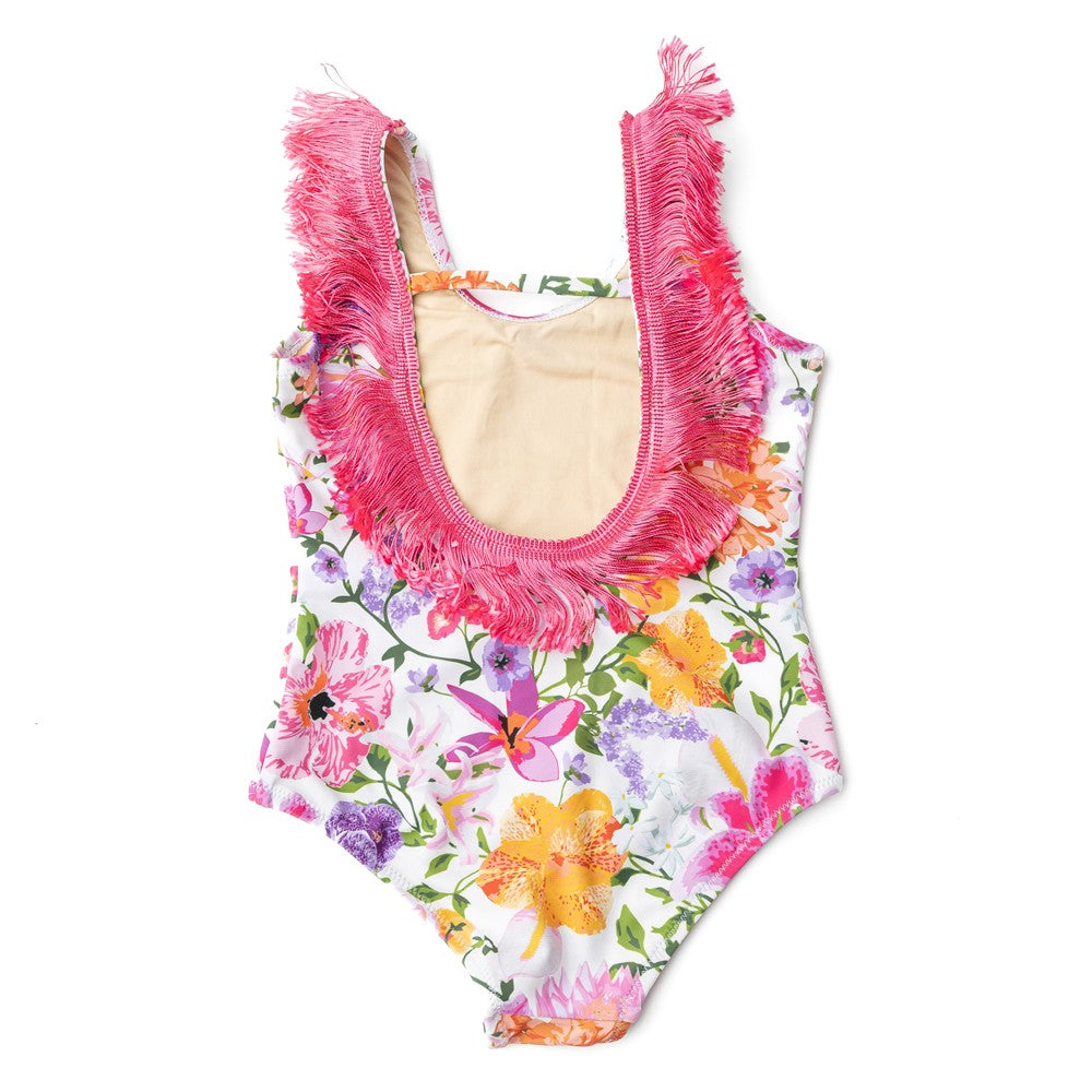 Shade Critters Girls Summer Gardens Floral Swimsuit - Pink Fringe Back