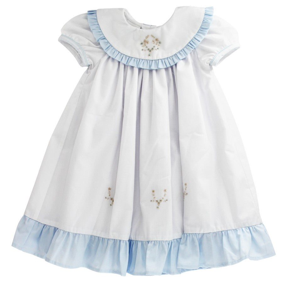 Bailey Boys Girls White Heirloom Dress with Embroidery and Blue Trim