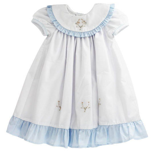 Bailey Boys Girls White Heirloom Dress with Embroidery and Blue Trim