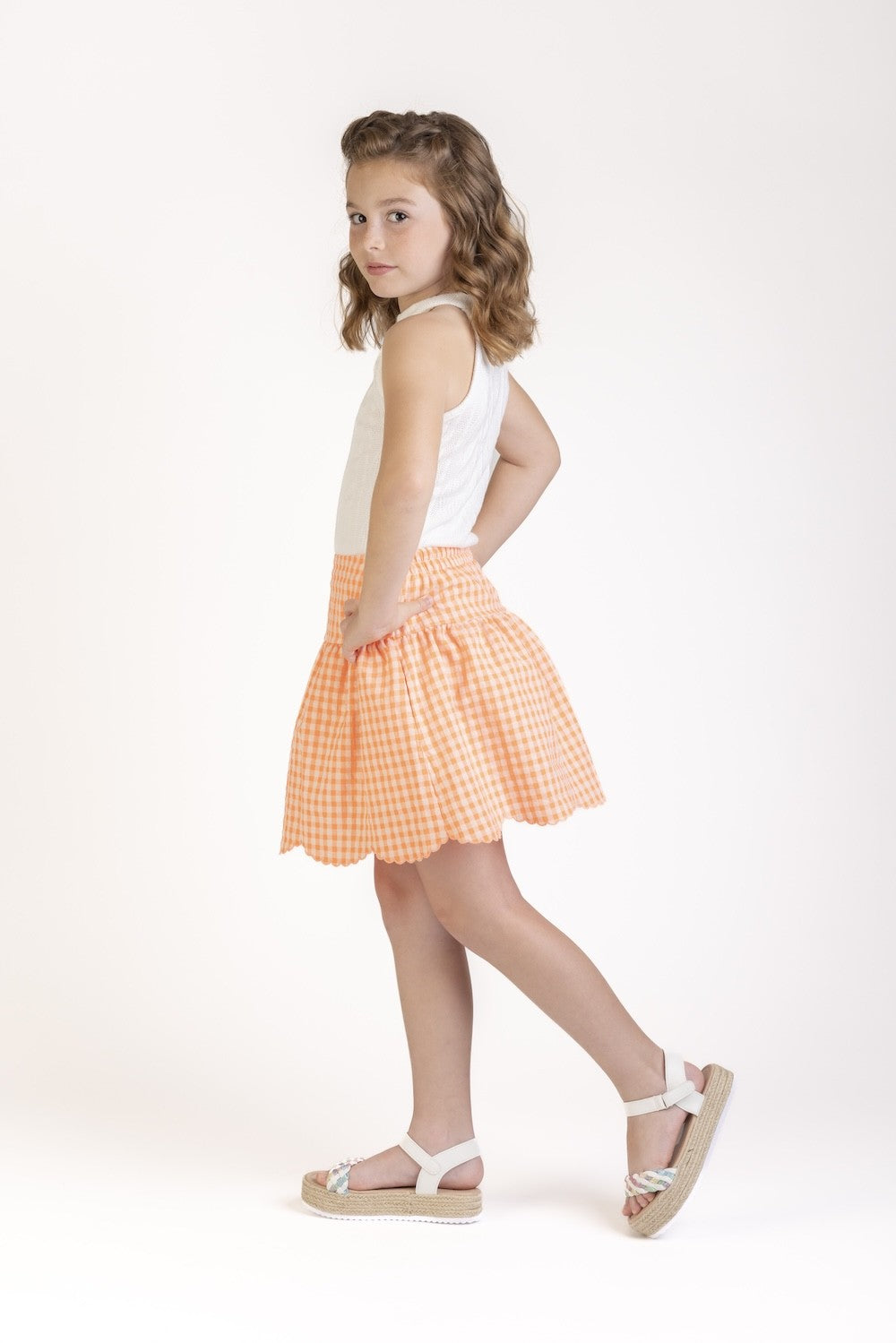Luli & Me Gabby Girls Orange Check Seersucker Amelia Scallop Skirt by Luli & Me