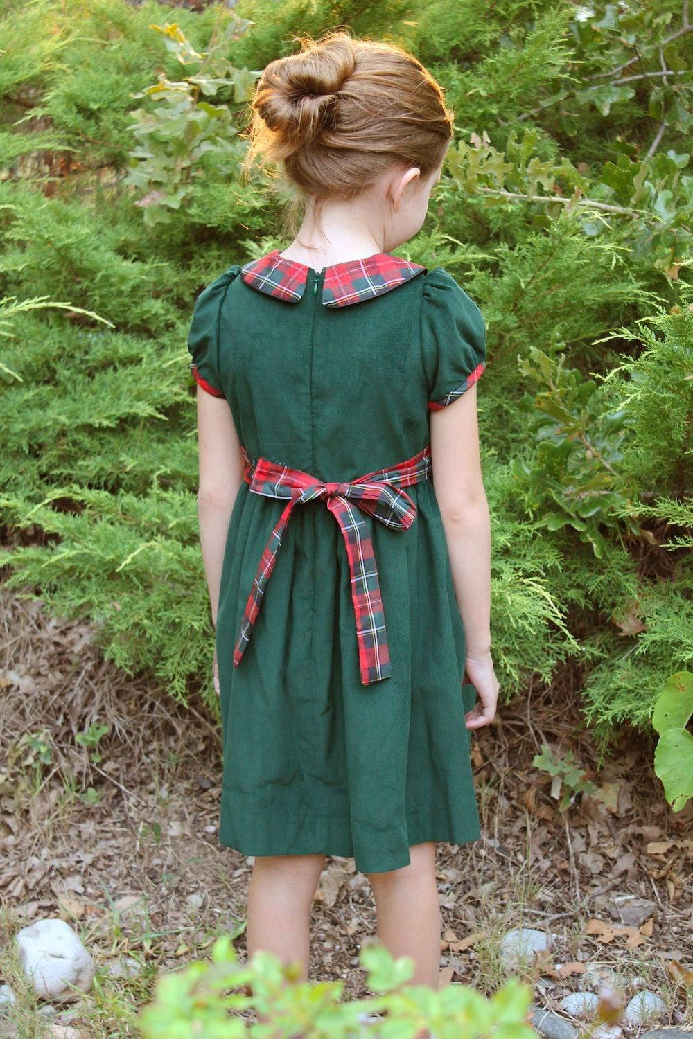 Susanne Lively Girls Green Corduroy Christmas Dress - Red Holiday Plaid Collar & Sash