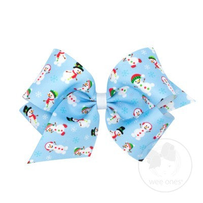 Wee Ones Girls Grosgrain Holiday Print Hair Bow - Blue Snowman