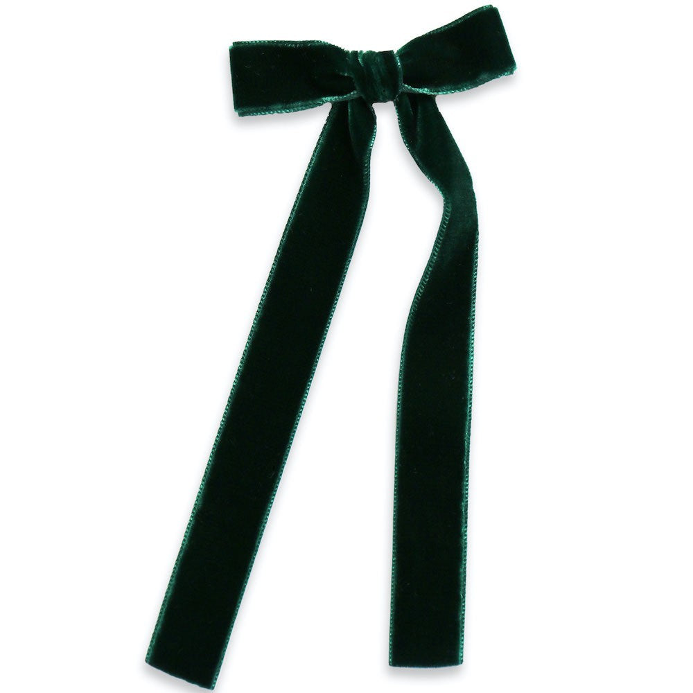Eva's House Girls Bow on Snap Clip - Velvet - 8 inch Streamers - Forest Green