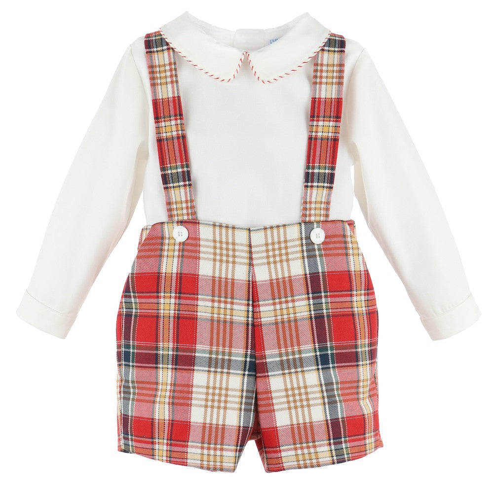Luli & Me Baby / Toddler Boys Red Holiday Plaid Suspender Shorts with Shirt