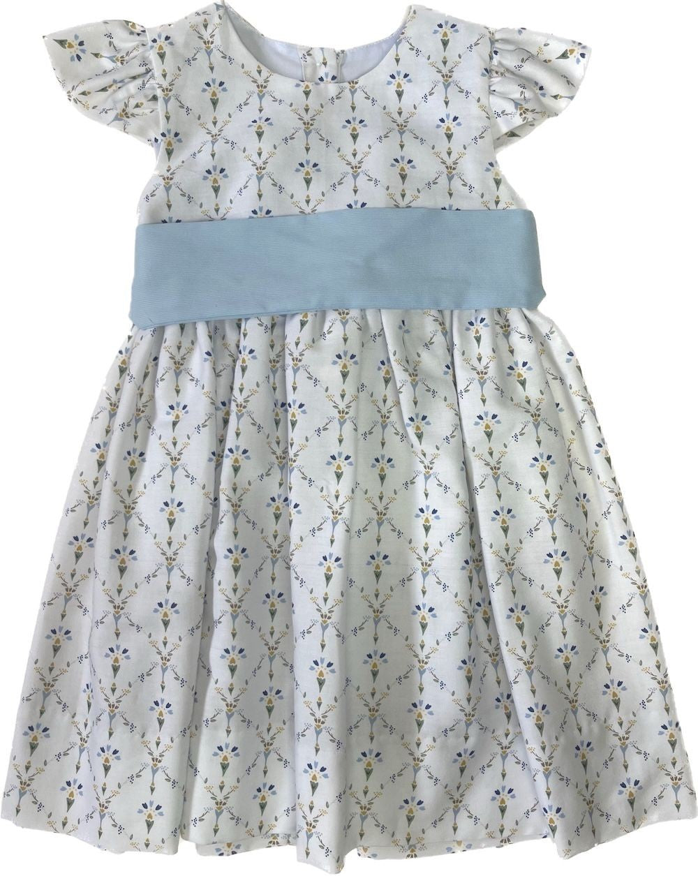 LuLu BeBe Girls Blue Floral Flutter Sleeve Dress - Blue Sash