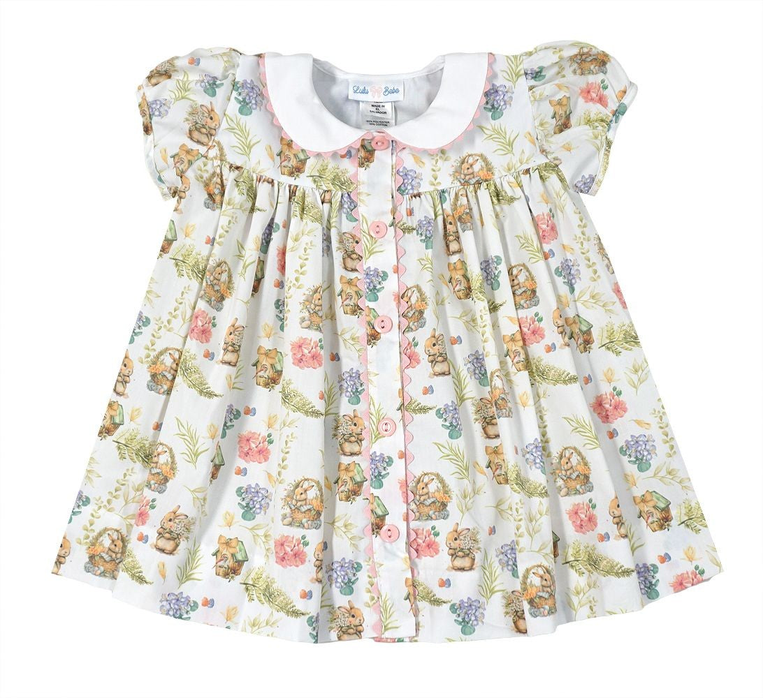 LuLu BeBe Girls Easter Bunny Print Dress with Collar 4T LuLu BeBe Girls Easter Bunny Print Dress with Collar 4T