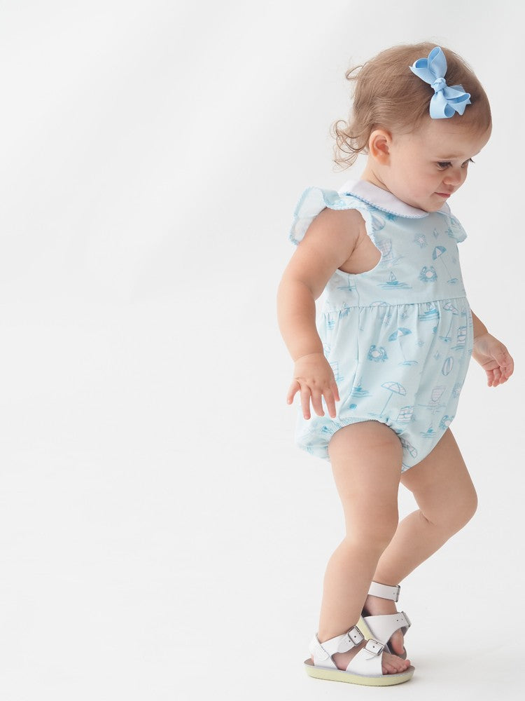 Cypress Row Baby Girls Blue Bubble - Seacrest Blue Beach Toile - Flutter Sleeves