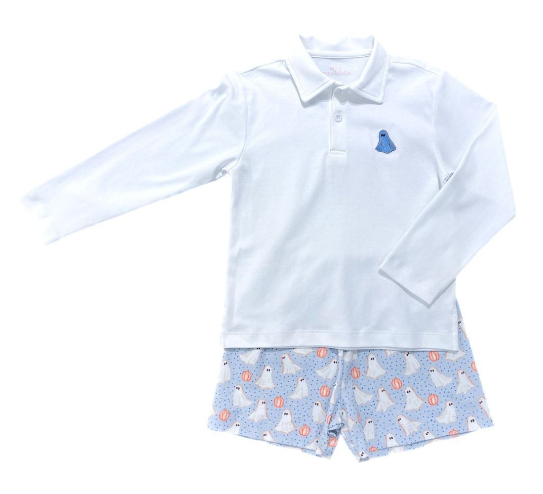 James & Lottie Boys Shorts Set - Blue Halloween Ghosts with White Polo Shirt
