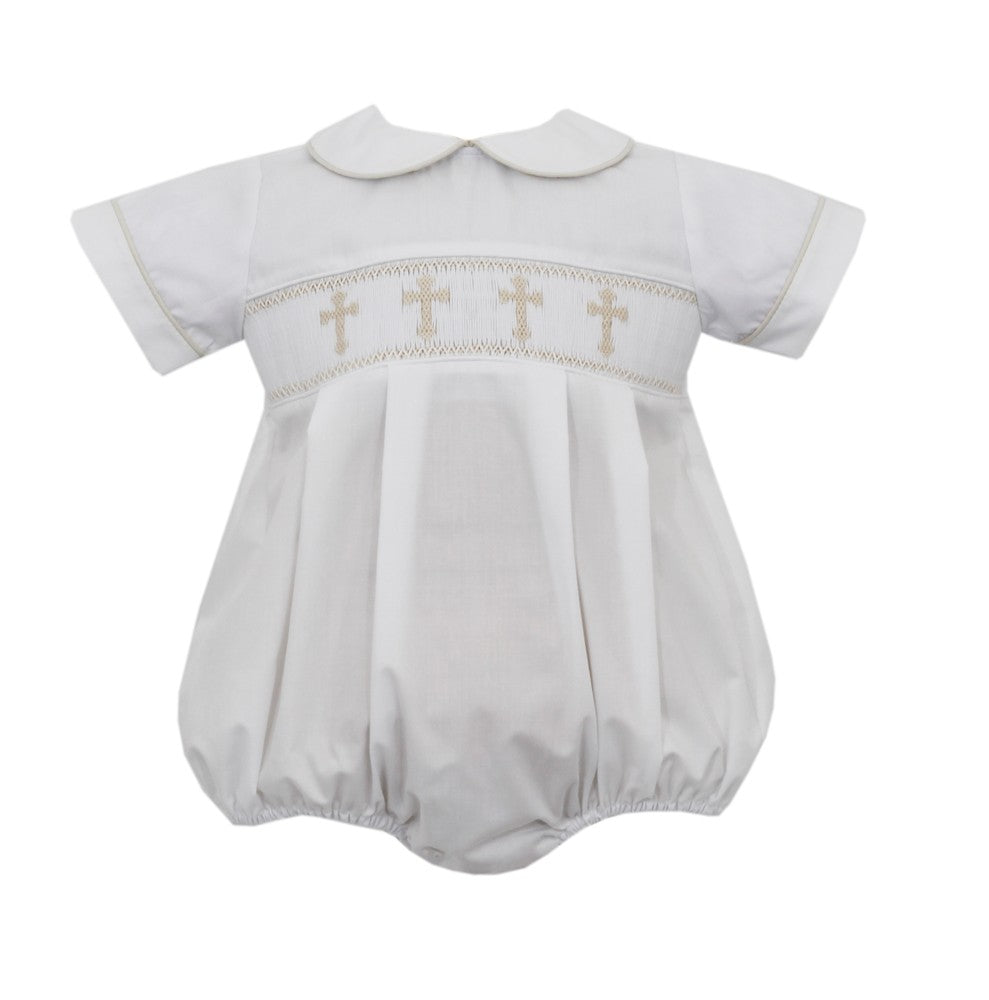 Petit Bebe Baby Boys White Poplin Bubble - Smocked Crosses by Petit Bebe