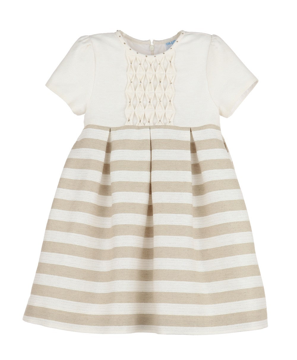 Luli & Me Girls Honeycomb Smocked Dress - Tan Stripes