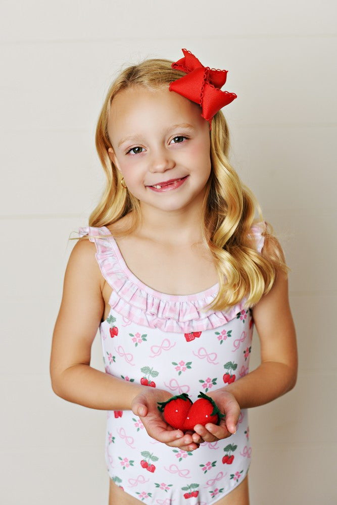 Swoon Baby Girls Pink Strawberry & Bows One Piece Swimsuit