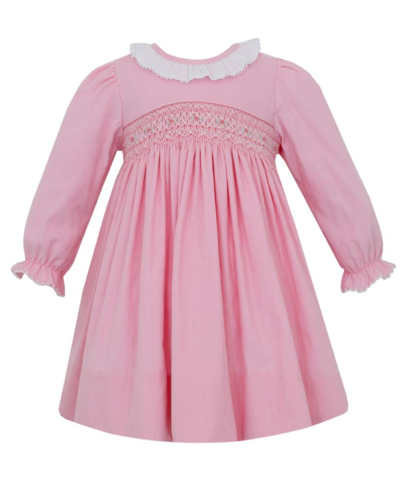 Petit Bebe Girls Smocked Dress - Long Sleeves - Pink Corduroy - Ruffle Collar