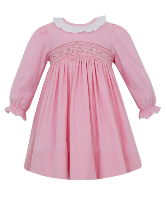 Petit Bebe Girls Smocked Dress - Long Sleeves - Pink Corduroy - Ruffle Collar