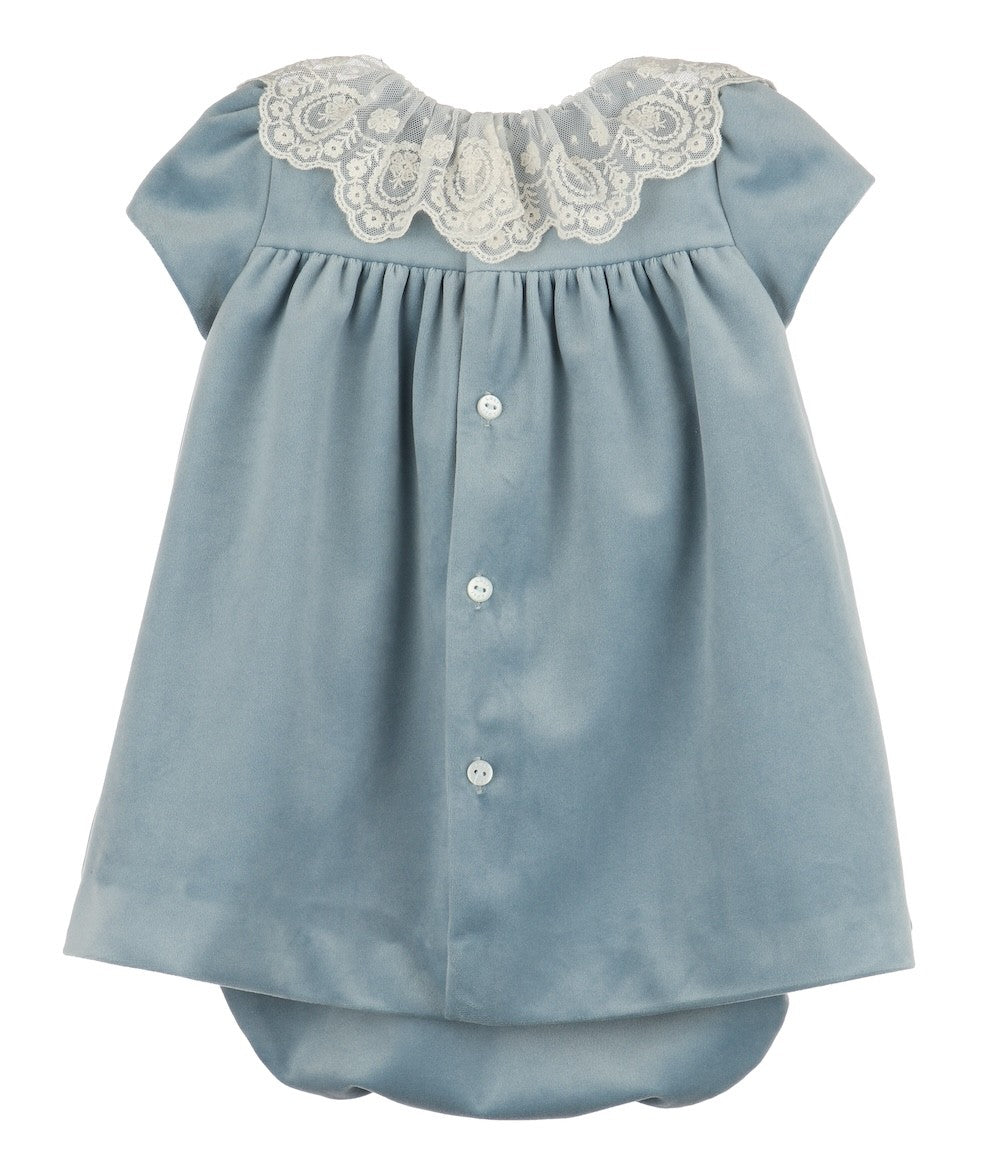 Luli & Me Girls Deluxe Velvet Float Dress - Lace Collar - French Blue