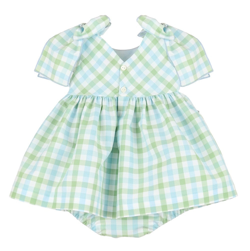Sophie & Lucas Girls Blue & Green Plaid Dress - Bows at Shoulders