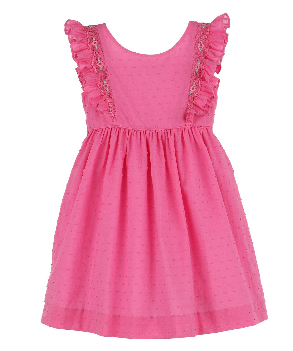 Luli & Me Girls Fuchsia Pink Dotted Swiss Smocked Ruffle Dress - Sash