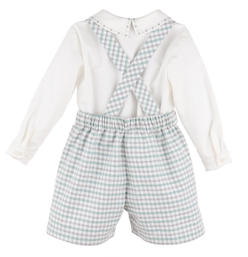 Luli & Me Baby Boys Suspender Shorts Set with Shirt - Mint Green & Grey Check