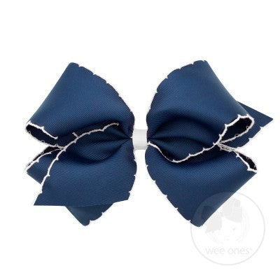 Wee Ones Girls Classic Moonstitch Bow on Clip - Navy Blue with White