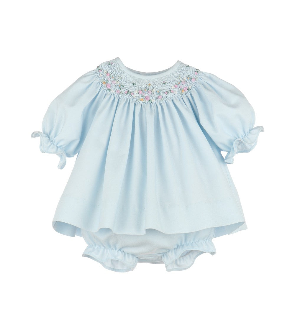 Luli & Me Baby Girls Floral Wreath Smocked Bishop Dress - Blue