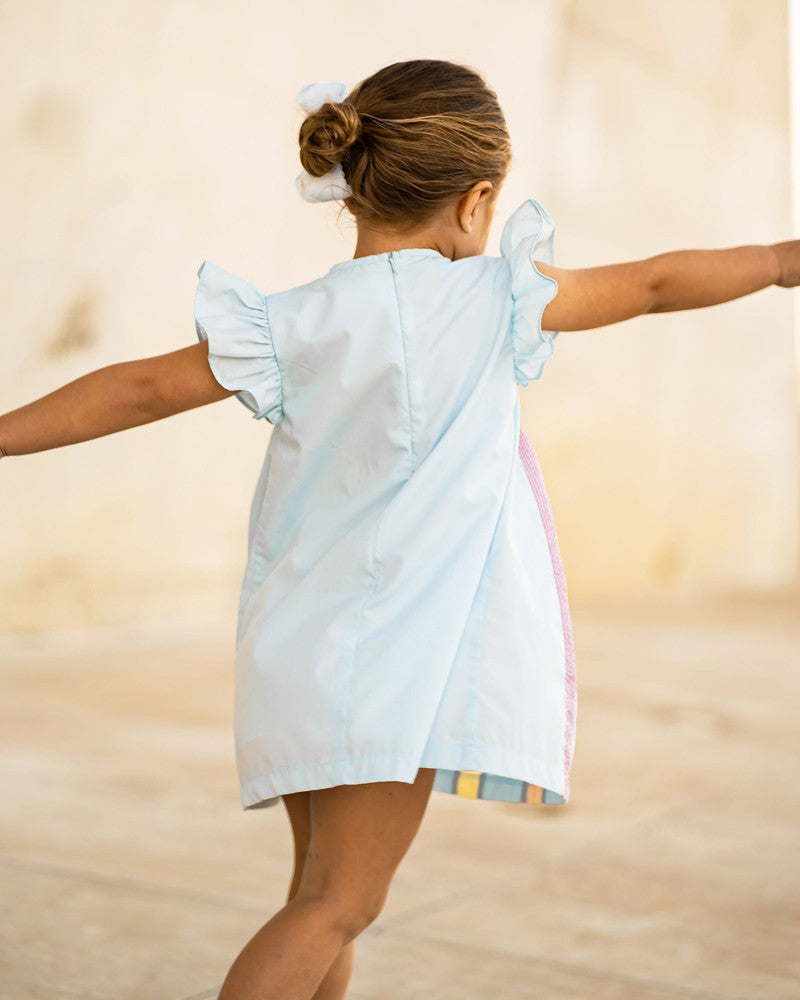 Yellow Lamb Girls Pleated Rainbow Dress - Blue