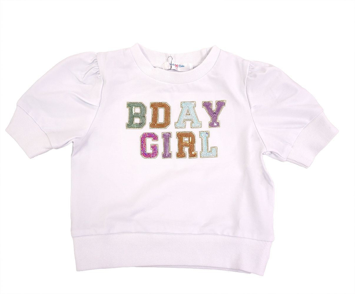 LuLu BeBe Girls Sequins B-Day Girl Birthday Puff Sleeve Top - White with Short Sleeves