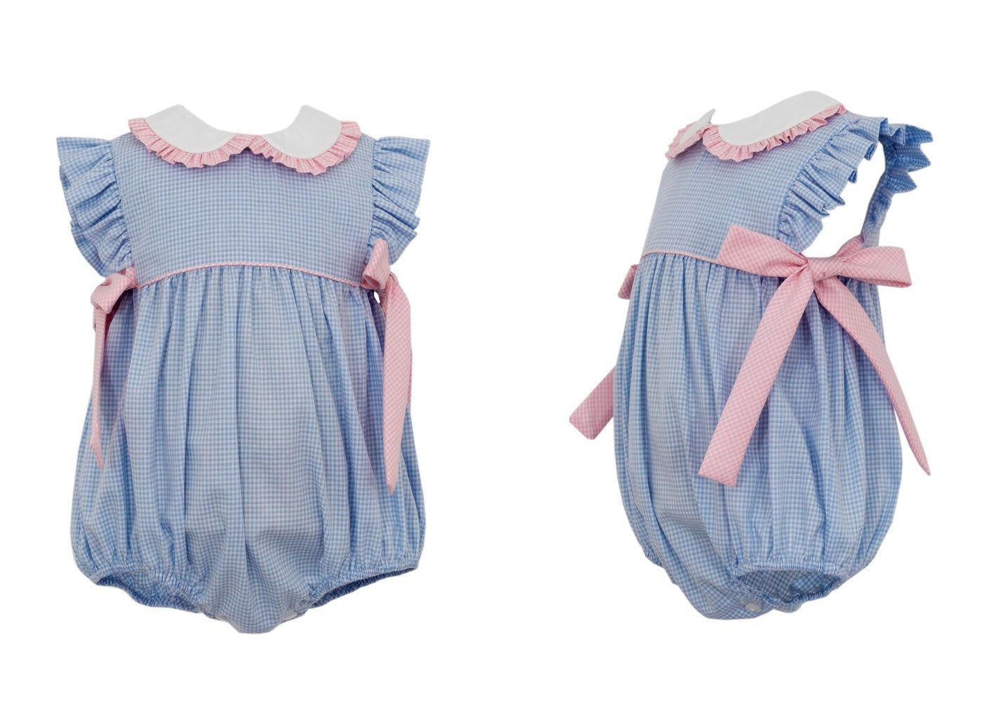 Petit Bebe Baby Girls Blue Gingham Bubble - Pink Side Bows by Petit Bebe