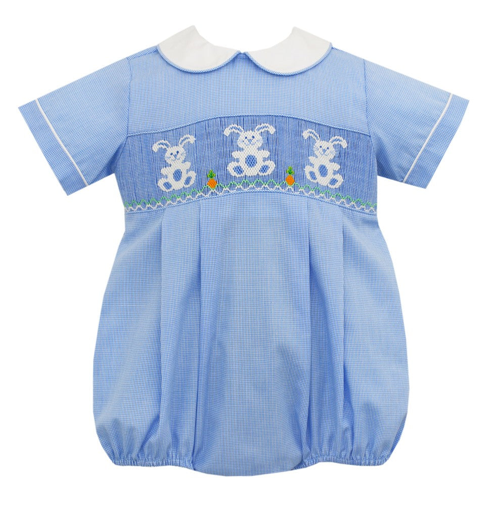 Anavini Velani Baby Boys Blue Gingham Bubble - Smocked Easter Bunny by Anavini
