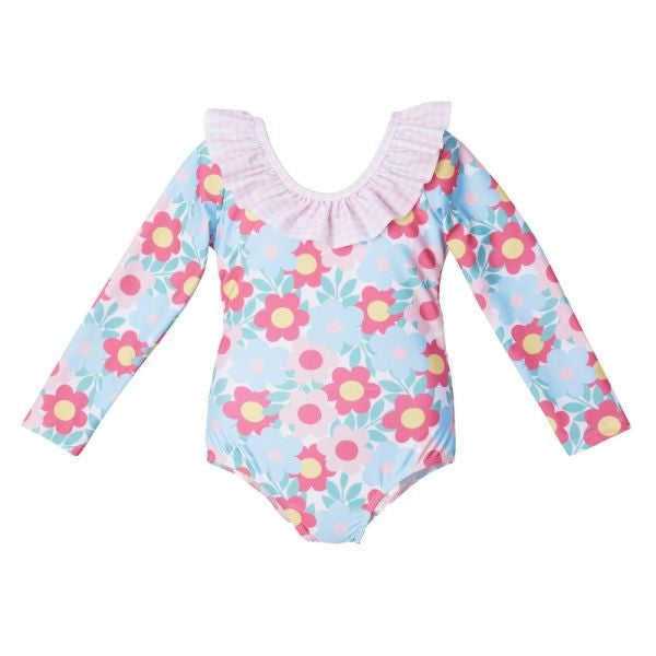 Sal & Pimenta Girls Rashguard Swimsuit - Retro Flowers - Long Sleeves
