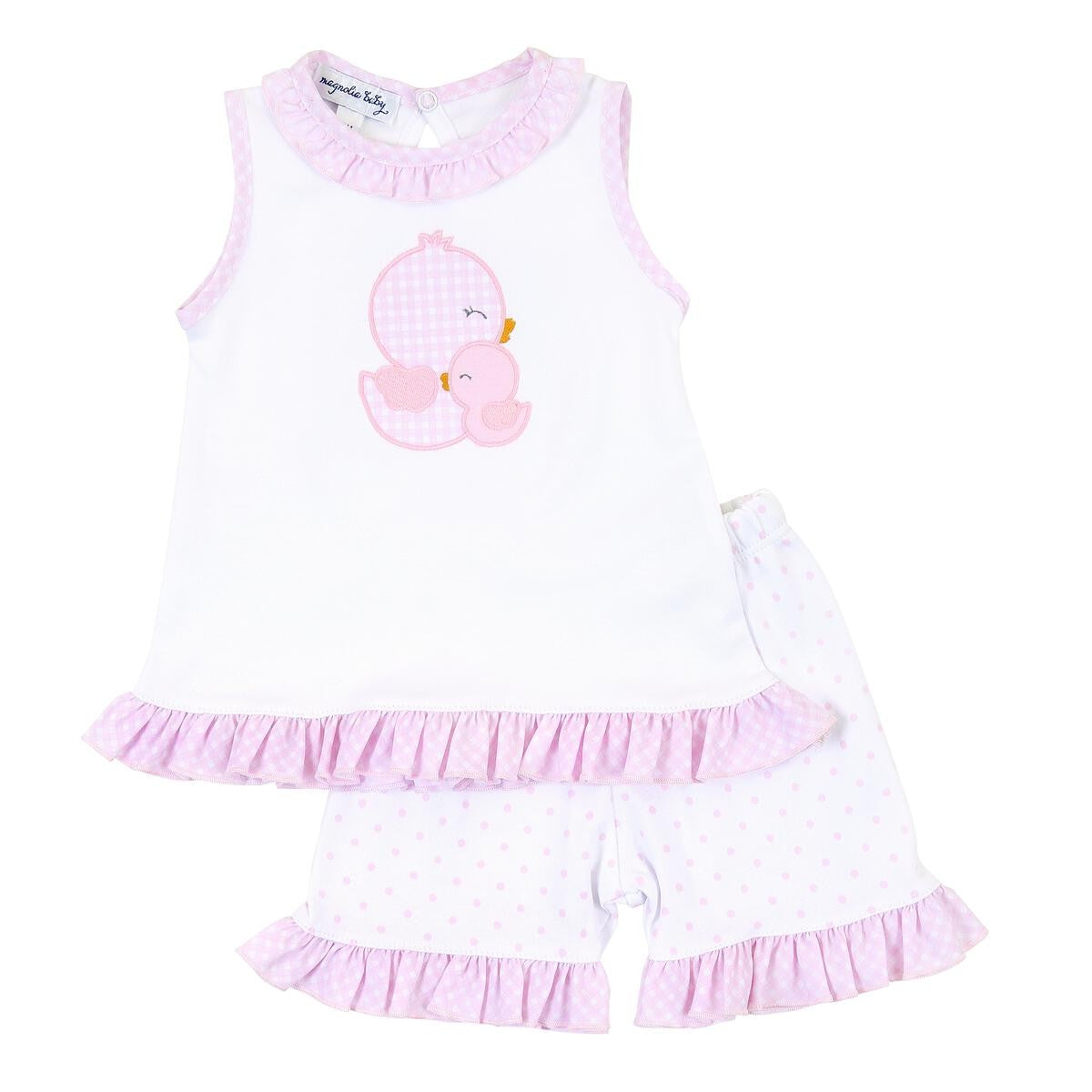 Magnolia Baby Girls Pink Gingham Duckie Applique Ruffle Sleeveless Short Set
