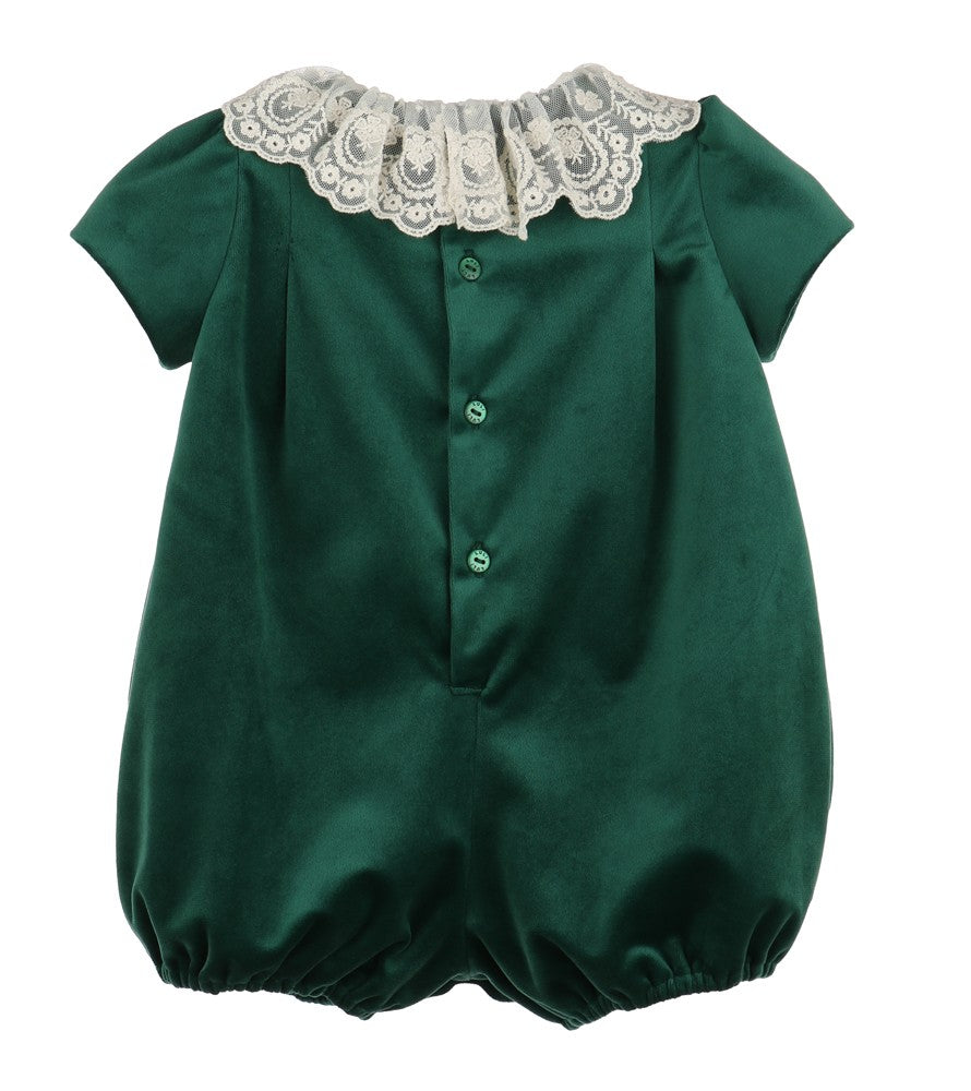 Luli & Me Girls Deluxe Velvet Bubble with Lace Collar - Green