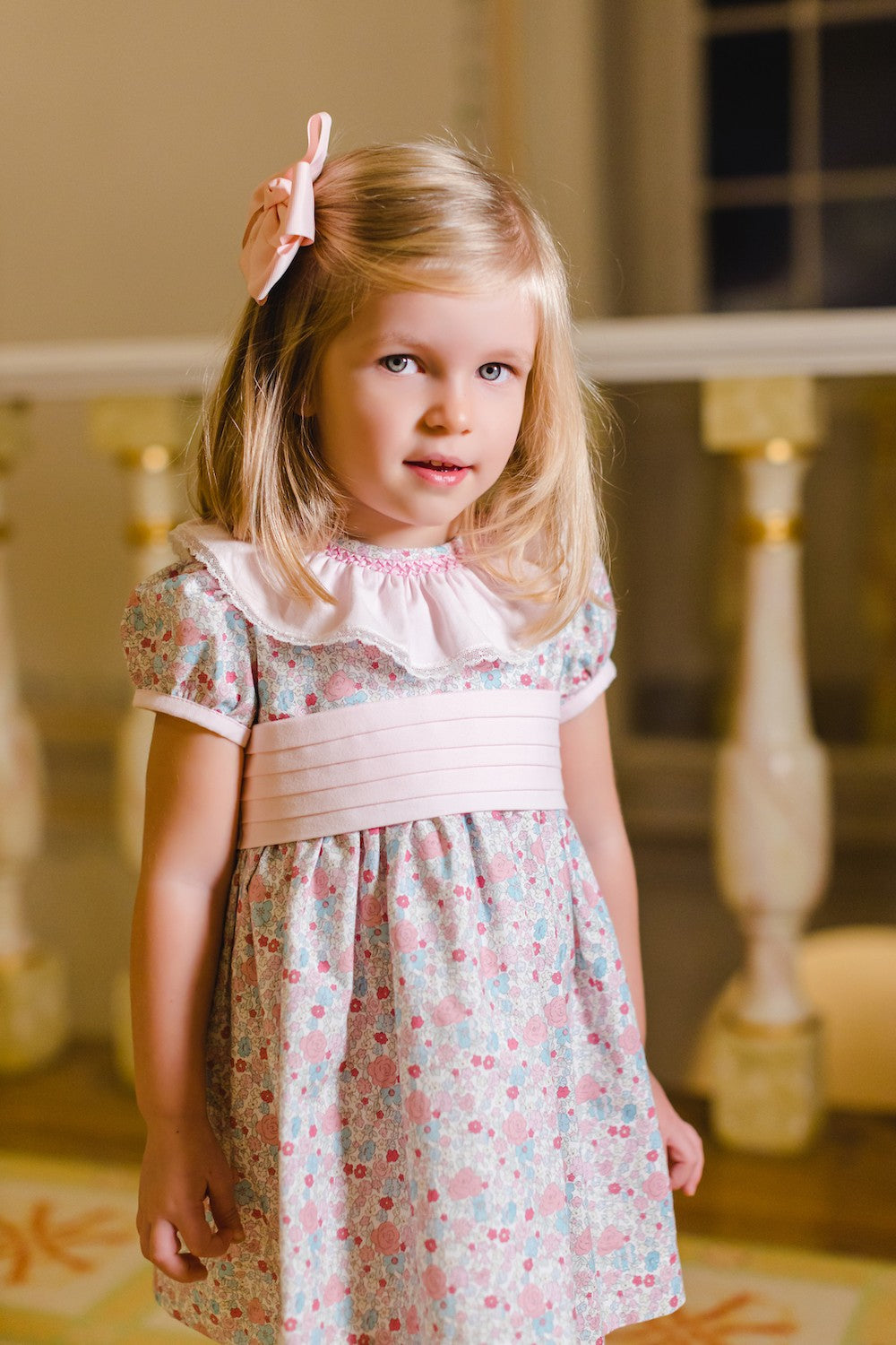 Sal & Pimenta Girls Dress - Pink Bouquet Floral with Sash - Smocked Collar