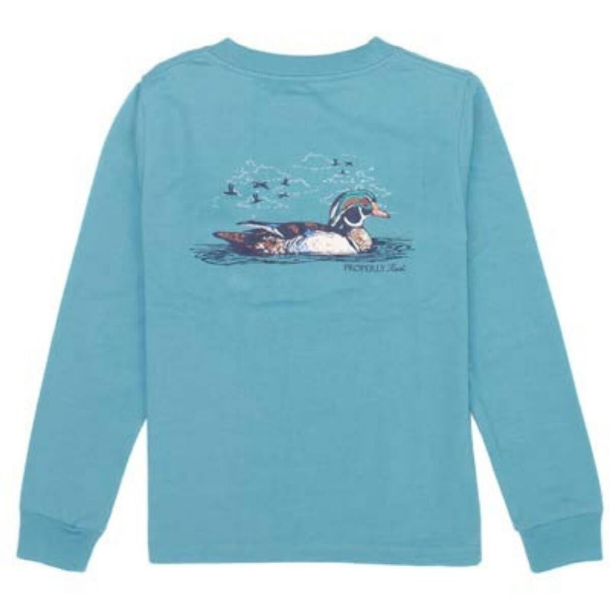 Properly Tied Tee Shirt - Logo Pocket - Long Sleeves - Back Graphic - Wood Duck on Emerald Green by Properly Tied