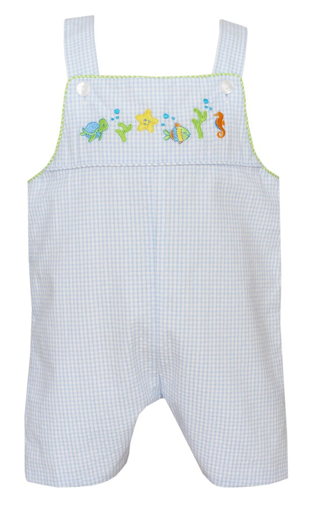 Anavini Baby / Toddler Boys Light Blue Check Seersucker Under the Sea Embroidered Jon Jon