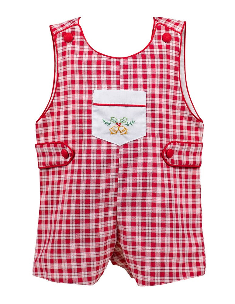 Proper Peony Boys Christmas Jon Jon - Red Check Embroidered Golden Bells
