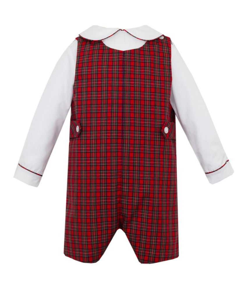 Petit Bebe Boys Red Holiday Plaid Shortall with Piped Shirt