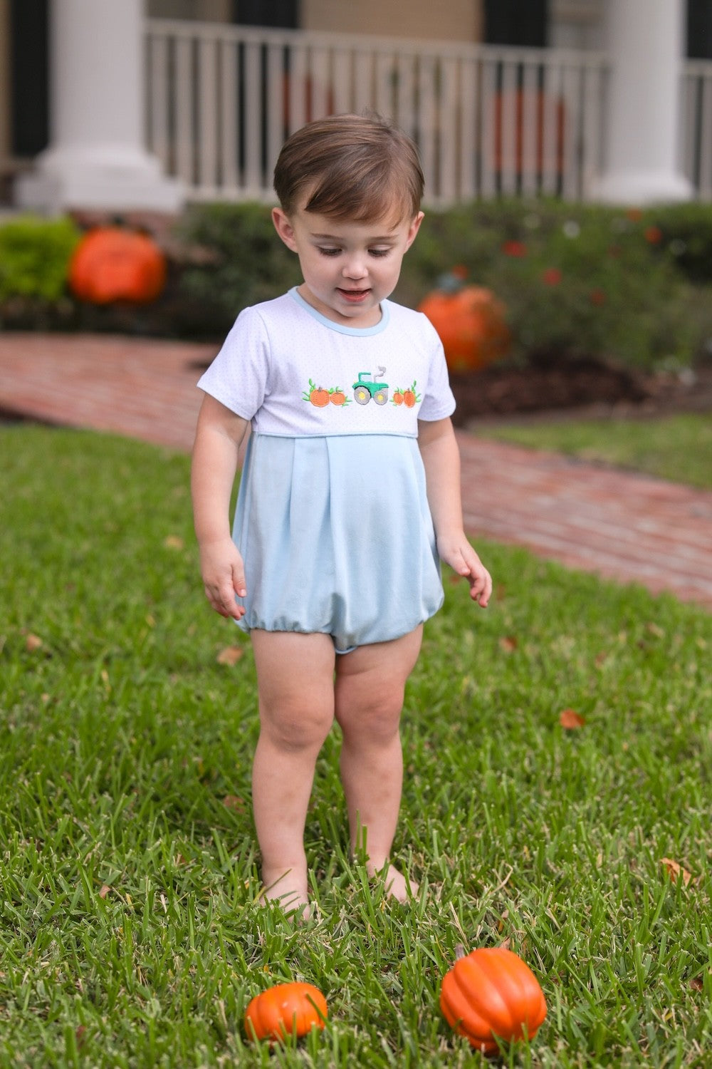 Trotter Street Kids Baby Boys Bubble - Blue Pumpkin Tractor Embroidery
