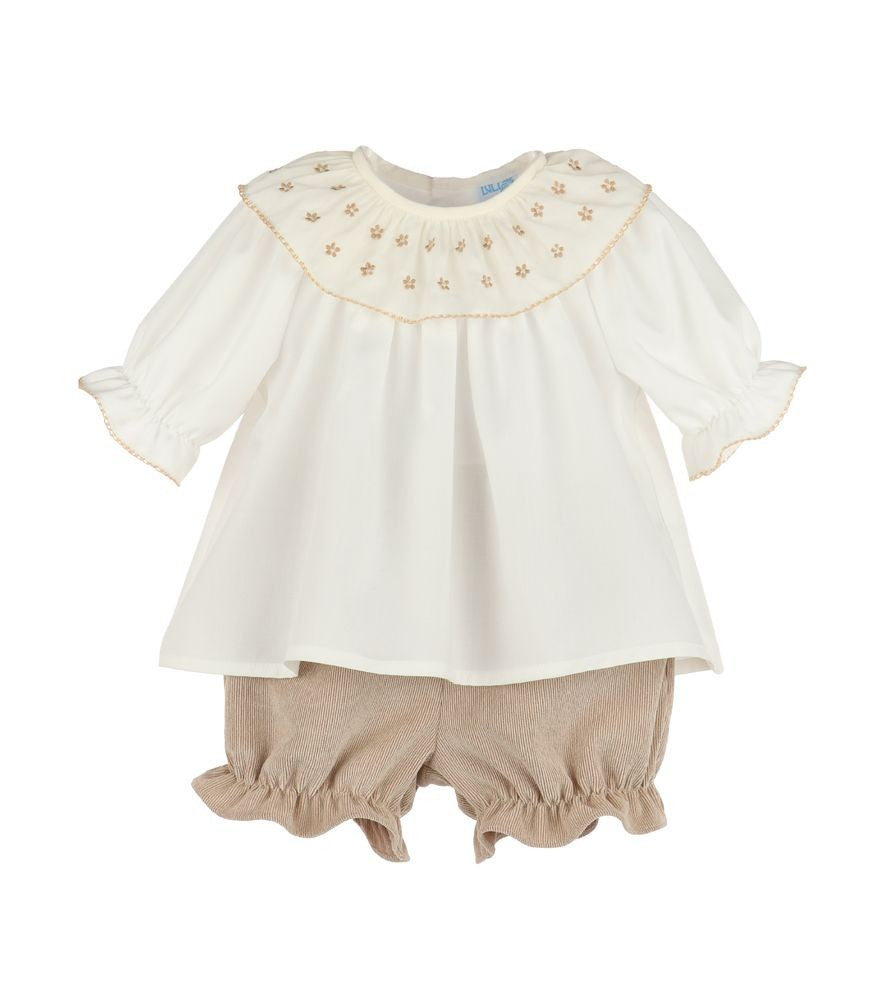 Luli & Me Girls Winterberry Cord Embroidered Bloomers Set - Tan