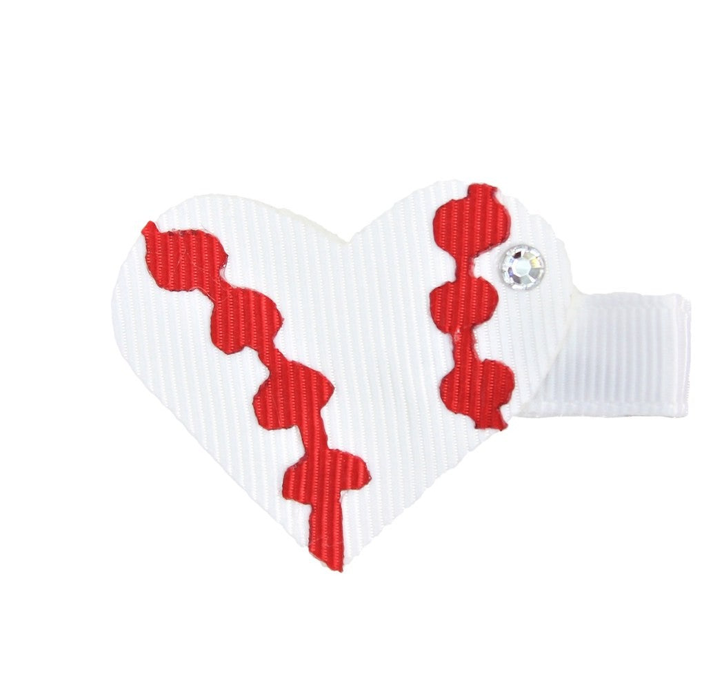 Beyond Creations Girls Pinch Clip Add-On to Bow - White / Red Heart Baseball
